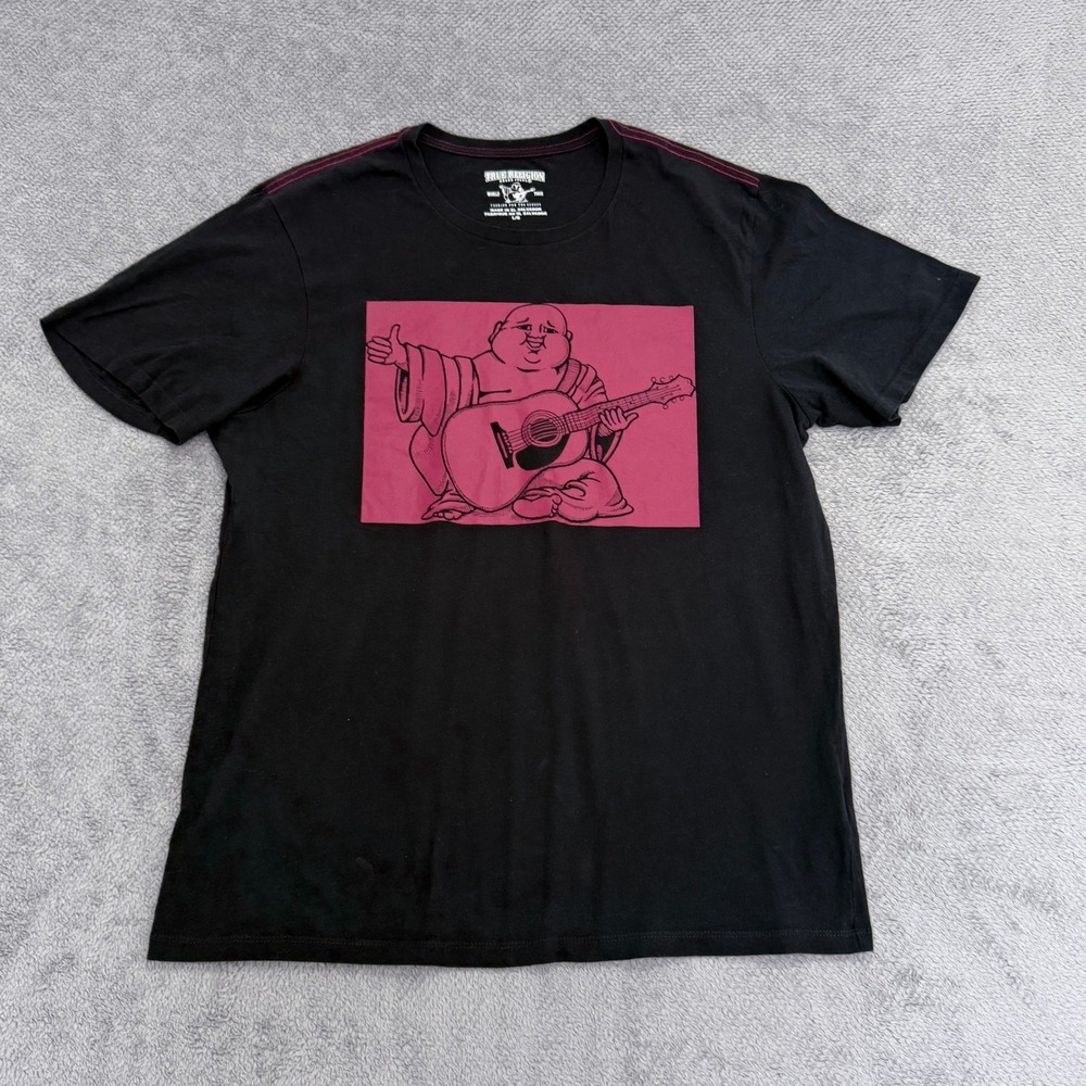 True Religion T-Shirt Mens L Black Buddha Guitar Graphic Short Sleeve Cotton